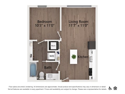 Floor plan for 1 bed, 1 bath, 553 sqft